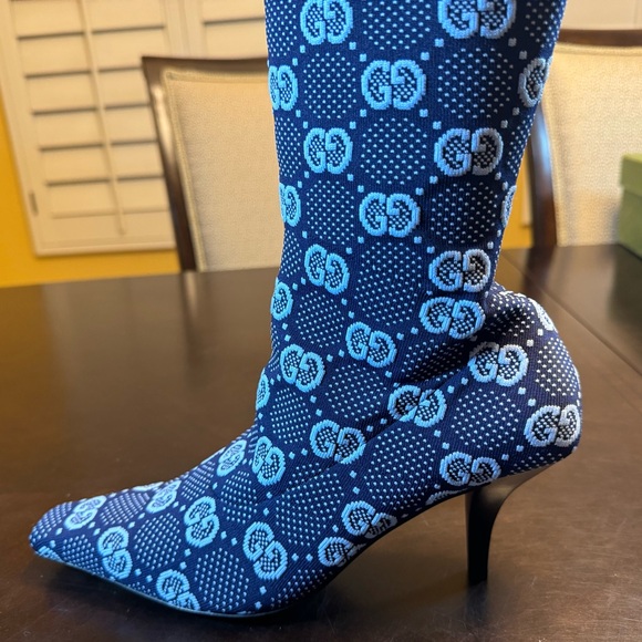 New Gucci GG Supreme Logo Knit Blue Knee High Boots Size 37.5 / US 7.5 - Picture 8 of 16